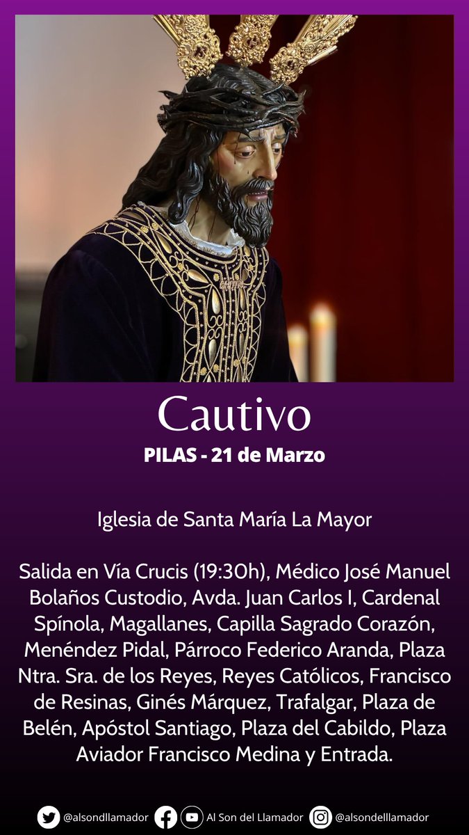 alsondllamador's tweet photo. 🔴 Hoy en el #AljarafeCofrade tendremos las salidas de la Virgen de los Dolores de Castilleja del Campo, de la Vera Cruz de @HdadConsolacion que procesiona cada cuatro años, el Vía Crucis de @cautivopilas y el descendimiento de @HdadSoledad84.

@BandaPaterna @BpresentacionAP https://t.co/eIgpnt8iwf