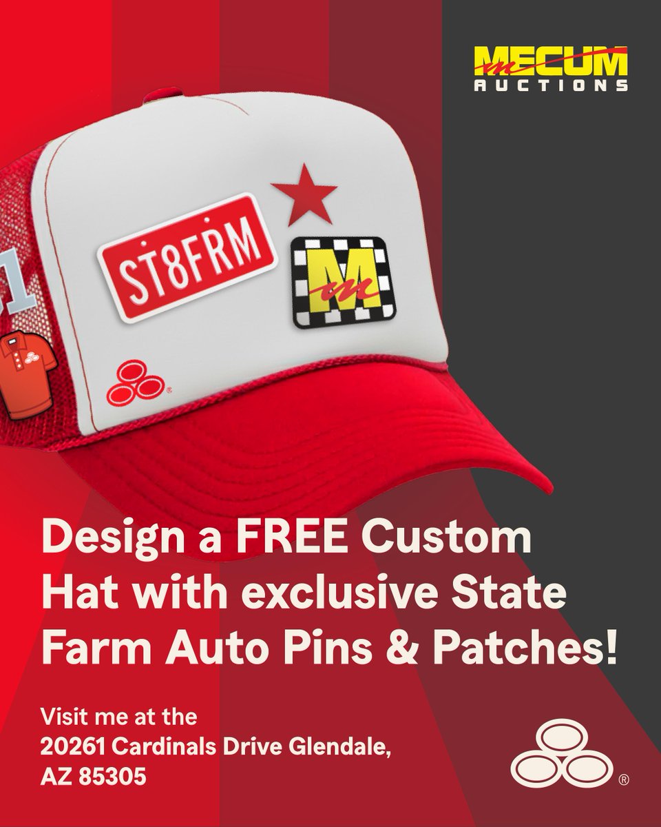 SFAGTMATTWOODS's tweet photo. Make sure to come visit me at the State Farm booth at the Glendale, AZ Mecum Auctions. We are excited to offer a custom hat bar featuring State Farm auto collection pins and patches for all Mecum guests! https://t.co/ye5uVZ2kJU