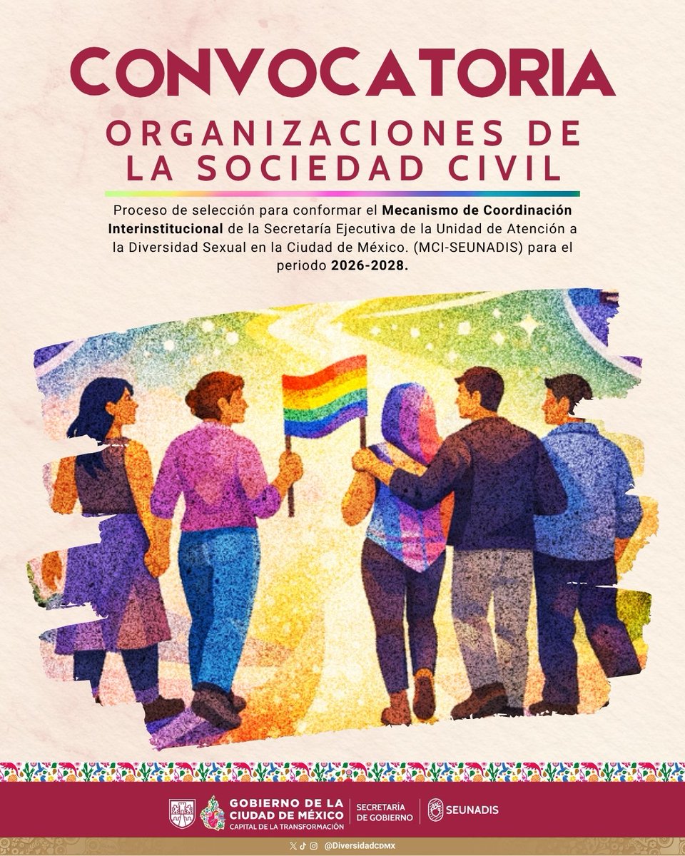 ¡CONVOCATORIA ABIERTA! 
🏳️‍🌈Forma parte del Gabinete de la Diversidad 2026-2028🏳️‍⚧️
¿Trabajas en sociedad civil o academia con enfoque en derechos LGBTTTI+? Esta es tu oportunidad de incidir directamente en la política pública de la CDMX.
¡Postúlate!
#GabineteDeLaDiversidad