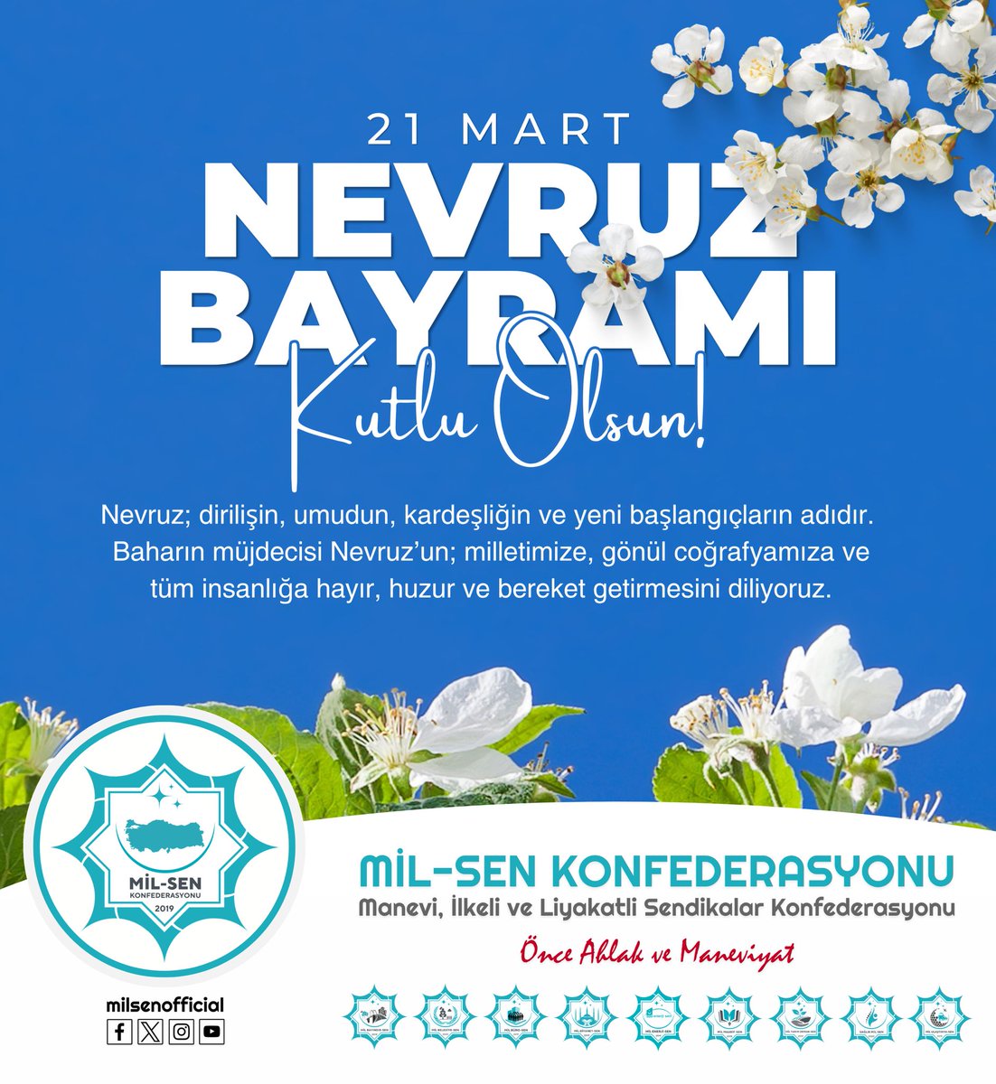 Nevruz; dirilişin, umudun, kardeşliğin ve yeni başlangıçların adıdır. Baharın müjdecisi Nevruz’un; milletimize, gönül coğrafyamıza ve tüm insanlığa hayır, huzur ve bereket getirmesini diliyoruz. Nevruz Bayramı kutlu olsun. #MilSen #MaarifSen