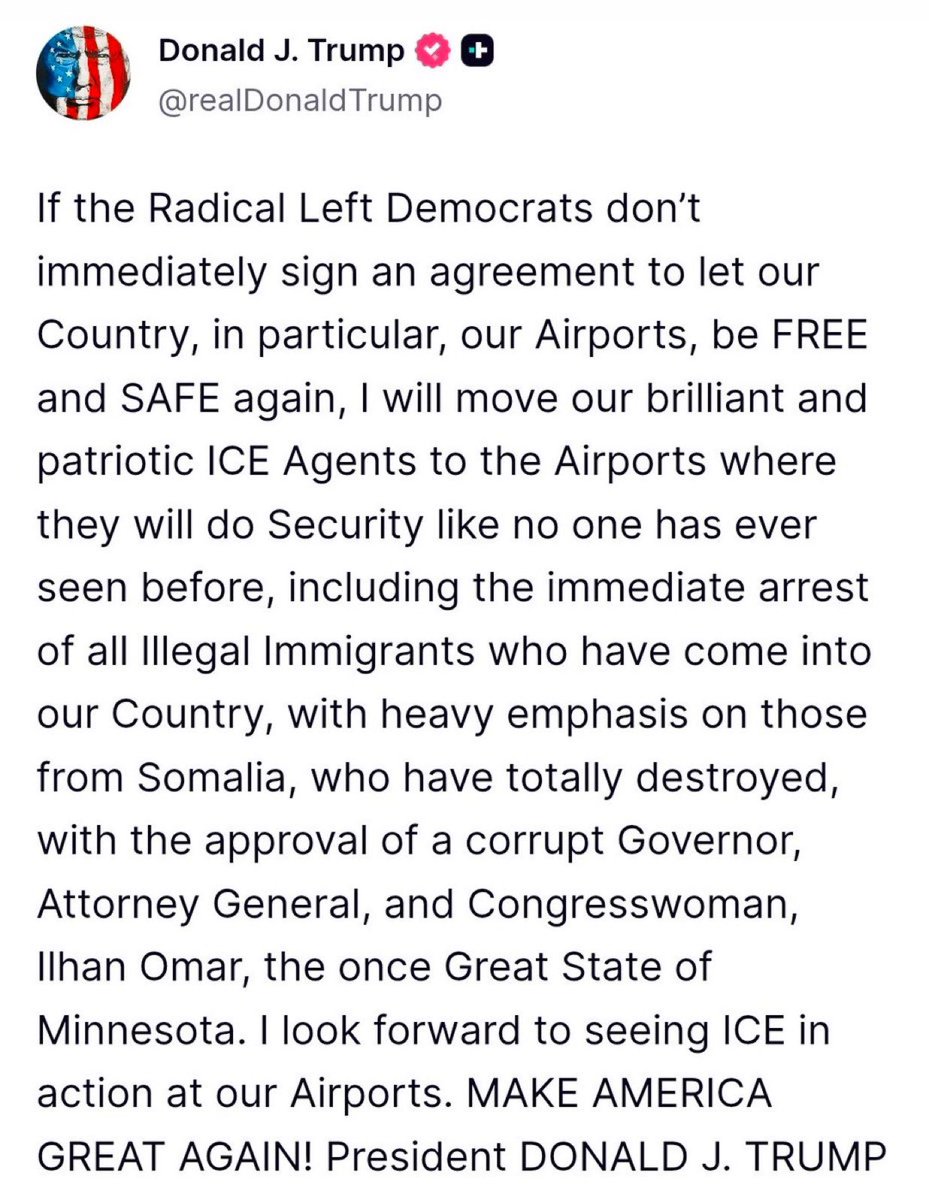 ترامب يهدد بنقل عملاء الهجرة إلى المطارات ويطالب الديمقراطيين بالتوقيع