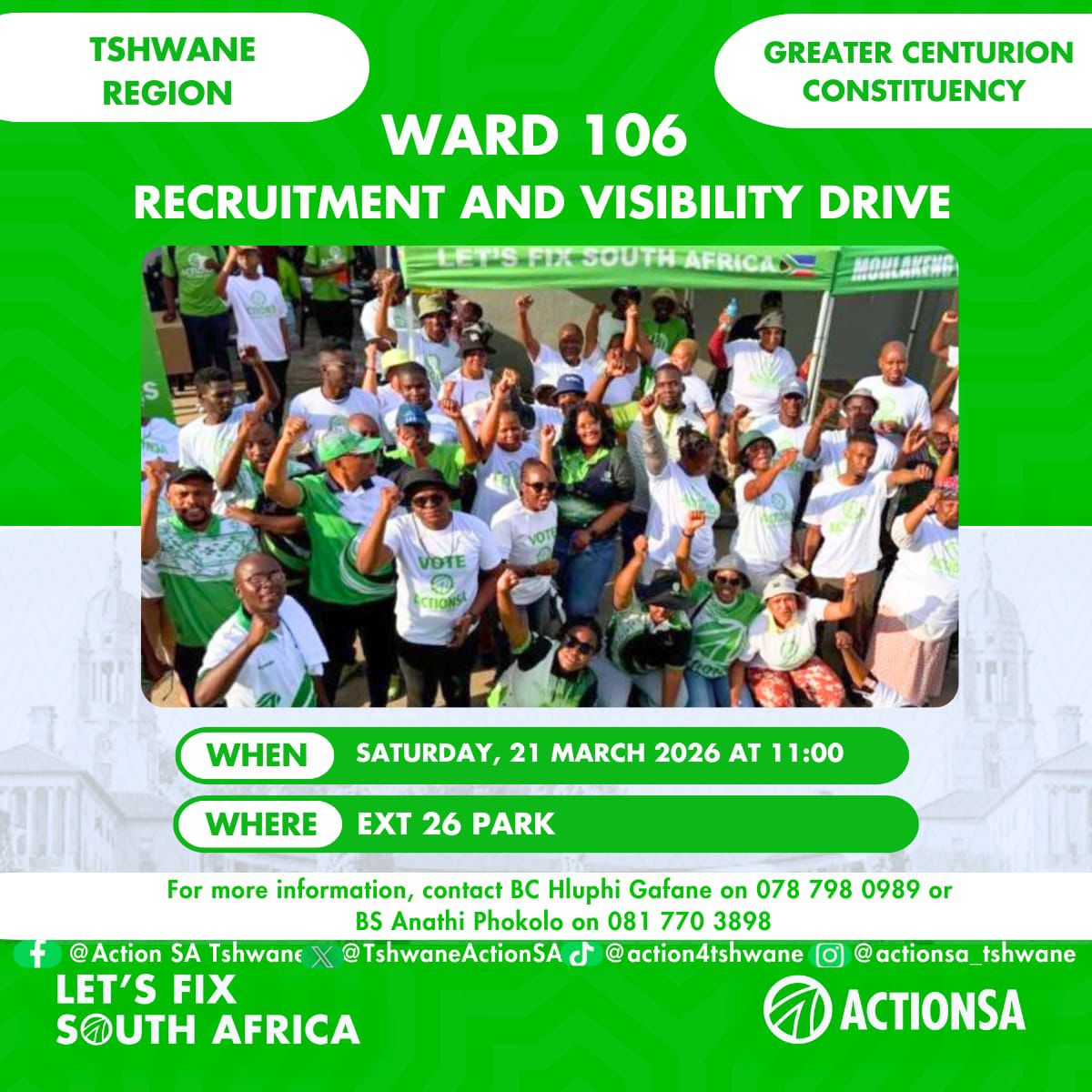 TshwaneActionsa's tweet photo. 💚CENTURION 💚 📍We had more fun today in Ward 106. The day was dedicated to appreciating our team that is always on the ground. We managed to get 12 new members before the rain came for us. Ours is to build the moral to ensure we have a dedicated team for fixing SA. #actasone https://t.co/u8tx7ozt6T
