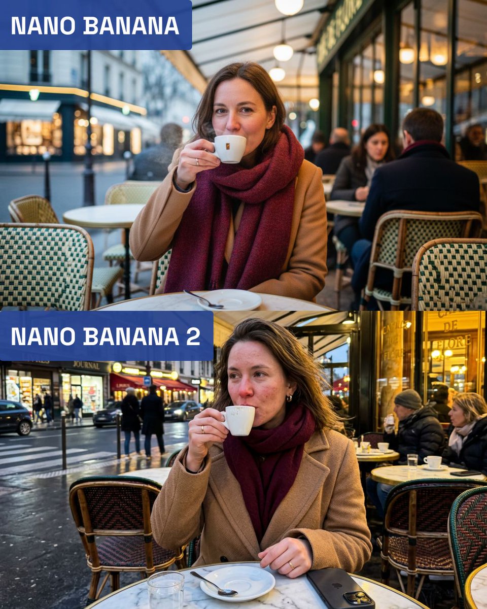 La IA acaba de cruzar otra línea. Y casi nadie está hablando de esto.

Nano Banana 2 ya está aquí… y el salto es absurdo.

Mira cualquier comparativa entre la versión anterior y la nueva usando EXACTAMENTE el mismo prompt.

Mismo texto.
Misma escena.
Cero cambios.
Y aun así,