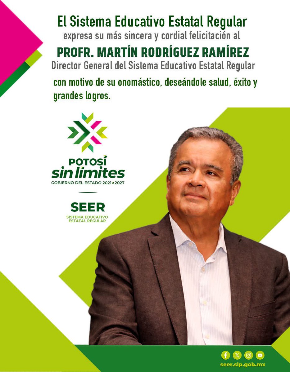 La comunidad educativa del SEER extiende una cordial felicitación a su Director General, Profr. Martín Rodríguez Ramírez, con motivo de su onomástico. Le deseamos salud, éxito y un año lleno de logros y satisfacciones. 🎉
#EducaciónSinLímites #RicardoGallardo
#SEERSinLímites