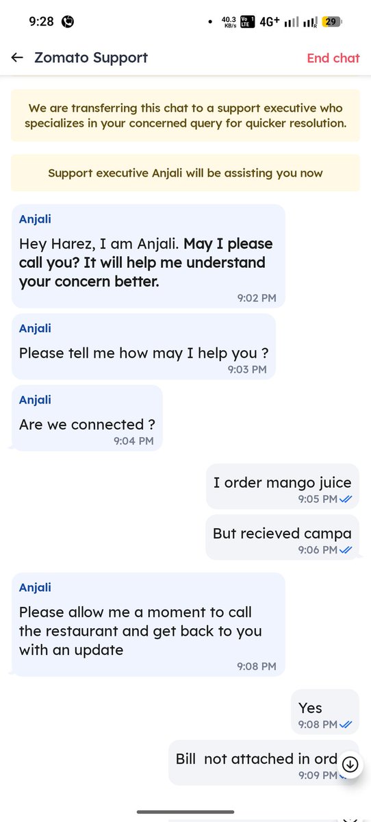 Harez007's tweet photo. @zomatocare This is unfair service. Ordered mango juice, received wrong item. Support agreed it’s restaurant mistake but gave only ₹20 refund and closed chat. Why should customer suffer? Need full resolution immediately. #ConsumerComplaint https://t.co/HXiyzNWMng