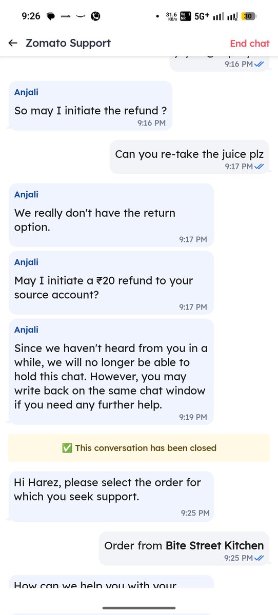 Harez007's tweet photo. @zomatocare This is unfair service. Ordered mango juice, received wrong item. Support agreed it’s restaurant mistake but gave only ₹20 refund and closed chat. Why should customer suffer? Need full resolution immediately. #ConsumerComplaint https://t.co/HXiyzNWMng