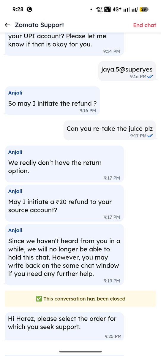 Harez007's tweet photo. @zomatocare This is unfair service. Ordered mango juice, received wrong item. Support agreed it’s restaurant mistake but gave only ₹20 refund and closed chat. Why should customer suffer? Need full resolution immediately. #ConsumerComplaint https://t.co/HXiyzNWMng