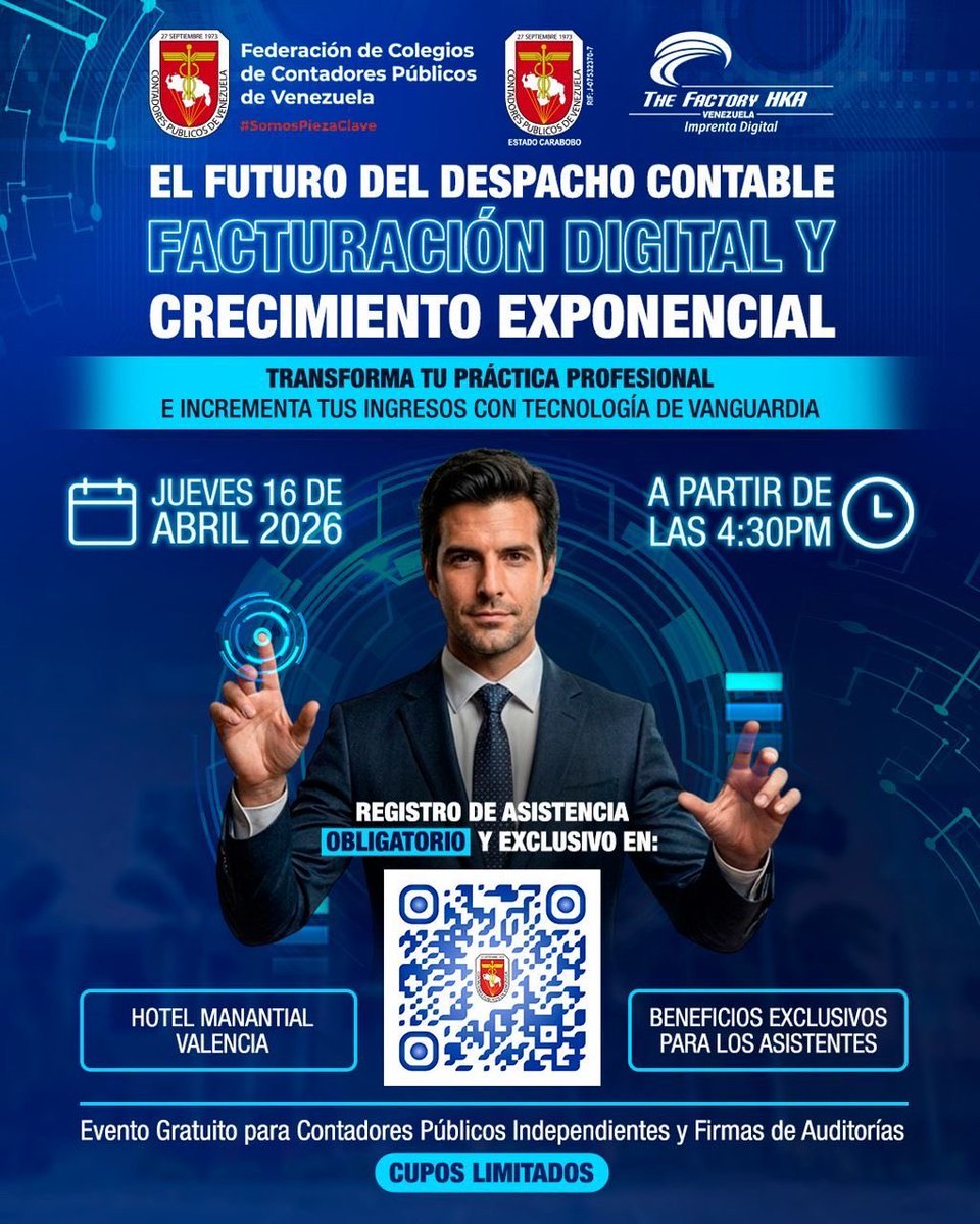 FccpvOficial's tweet photo. 🚀  La @FCCPVOficial y el @CCPCarabobo en alianza con la empresa The Factory HKA, te invitan a una experiencia transformadora.
 
💎 “EL FUTURO DE TU DESPACHO CONTABLE: Facturación Digital y Crecimiento Exponencial"

📲 Haz Click Aquí: 

https://t.co/LnpGJG8sGh https://t.co/wwibo2fC7A