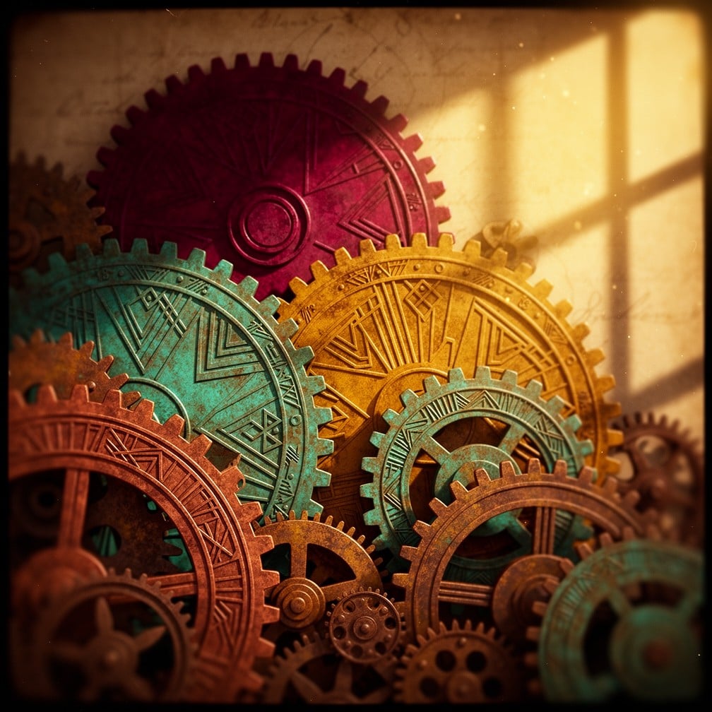 stockcake_com's tweet image. #Vintage #Mechanical Gears: Colorful #steampunk gears featuring deep red, aged turquoise, and golden tones arranged in a layered pattern with vintage aesthetic and warm shadows. #gears #industrial #aiart #aiphoto #stockcake ⬇️ Download and 📝 Prompt 👉 stockcake.com/i/vintage-mech…