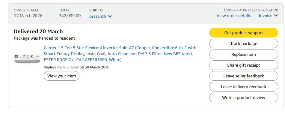 icprasanth's tweet photo. @CarrierIndia Extreme dissatisfaction with the 1.5-ton Carrier Split AC, very poor management due to a lack of customer support &amp; issues with overcharging. Furthermore, the installation agency left without completing the setup. https://t.co/J5vcW2mXID