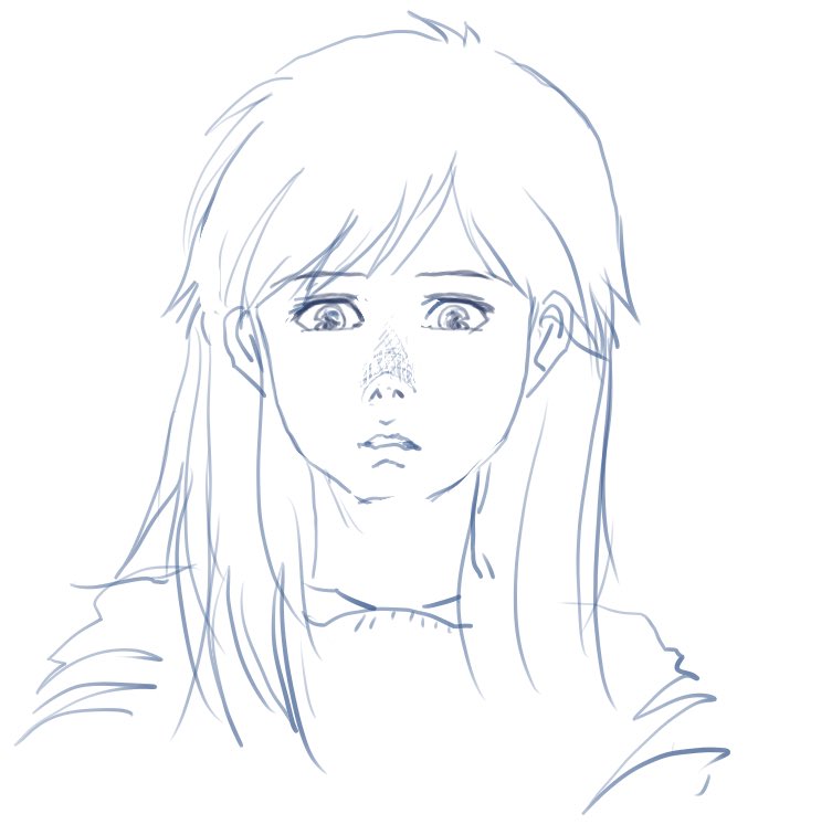 鼻は昔からなるべく描こうとしていました。
でもなかなか難しい。

鼻の表現で、ここ1年くらいで編み出したのがこれ。
もう積極的に鼻を描いていこうということです。

これをカラーで表現すると右の絵のようになります。
この描き方は応用力とオリジナリティがあります。 