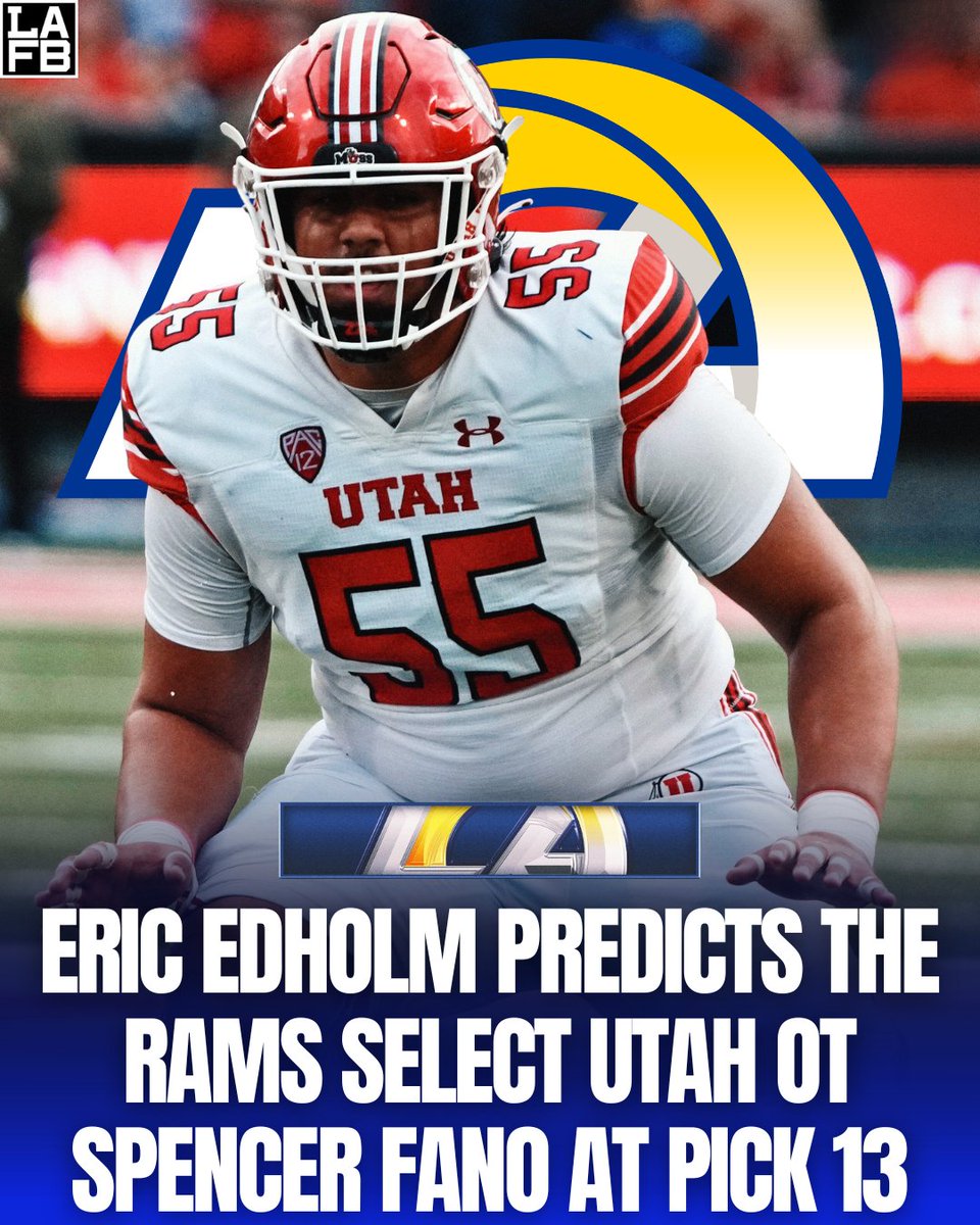 LAFBNetwork's tweet image. Eric Edholm has the Los Angeles Rams selecting Spencer Fano at #13 in his latest mock draft

The Rams haven't drafted a tackle earlier than Round 5 in any of the past three years…Will that change this year?