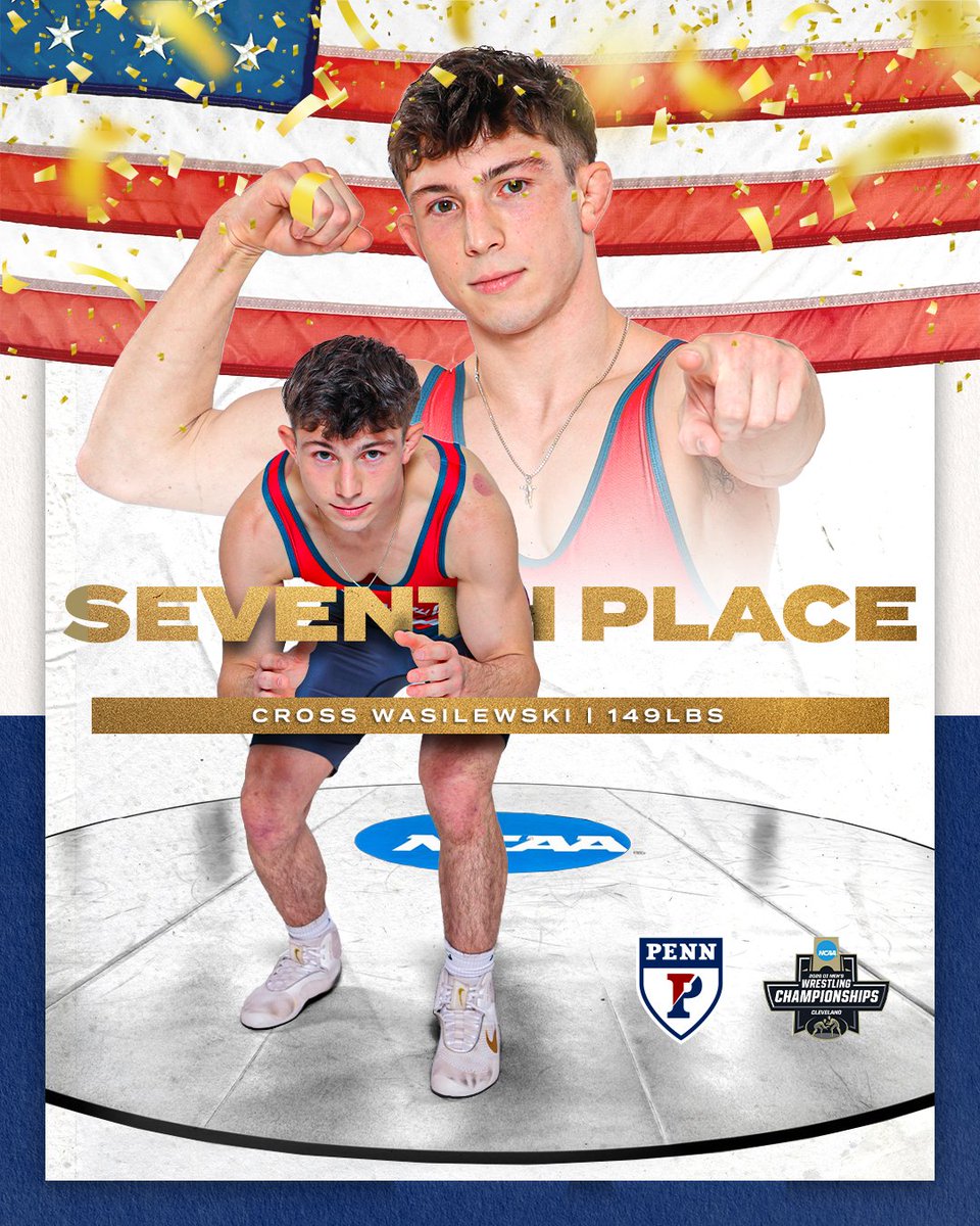 PennWrestling's tweet photo. 𝗖𝗿𝗼𝘀𝘀 𝗳𝗼𝗿 𝗦𝗲𝘃𝗲𝗻𝘁𝗵 𝗣𝗹𝗮𝗰𝗲 🫡

#3 Wasilewski takes down #8 Swiderski (OK State), 5-2, to claim 7th place at 149 😤 

#TheBuild x #FightOnPenn https://t.co/XeQCIK4Wro
