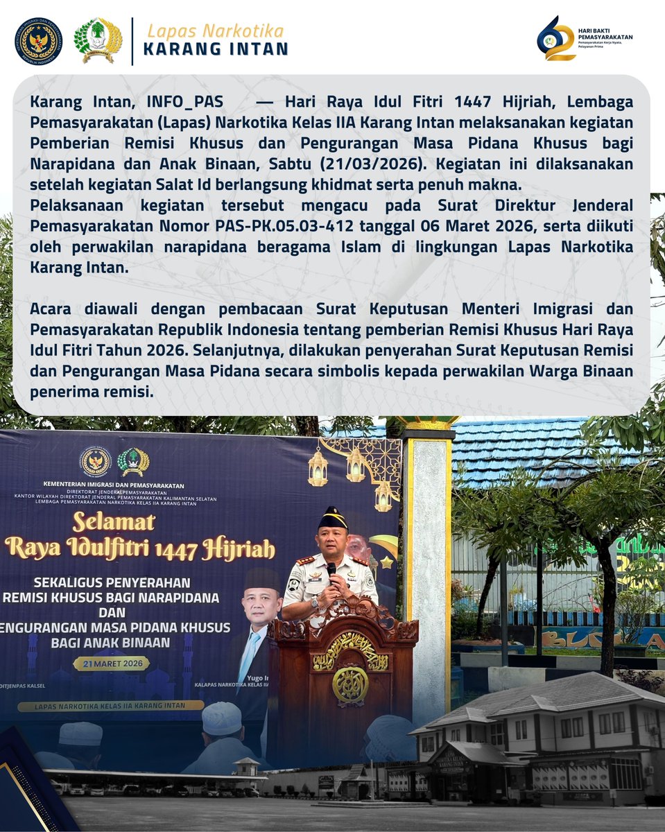 lpnkarangintan's tweet image. Ratusan Warga Binaan Lapas Narkotika Karang Intan Terima Remisi Idul Fitri 1447 H

Selengkapnya, Cek Slide . . .

#kemenimipas
#imipasprima
#guardandguide
#infoimipas
#pemasyarakatan
#KanwilDitjenPasKalsel
#LapasNarkotikaKarangIntan
#TimHumasLPNKarangIntan✅