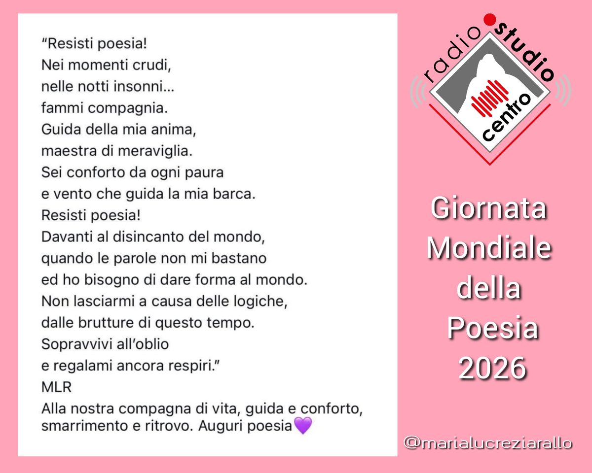 StudioCentro_FM's tweet photo. Alla nostra compagna di vita, guida e conforto, smarrimento e ritrovo. Auguri Poesia 💜

#giornatamondialepoesia https://t.co/5KiBNNXyfr