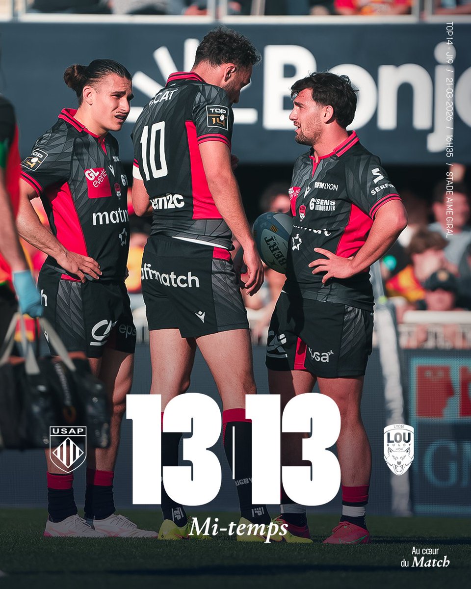 𝐂'𝐞𝐬𝐭 𝐥𝐚 𝐦𝐢-𝐭𝐞𝐦𝐩𝐬 𝐚̀ 𝐀𝐢𝐦𝐞́ 𝐆𝐢𝐫𝐚𝐥 (𝟏𝟑-𝟏𝟑) ! 

Lyonnais et Catalans ont des ambitions et entendent bien le prouver... 𝑇𝑜𝑢𝑡 𝑟𝑒𝑠𝑡𝑒 𝑎̀ 𝑓𝑎𝑖𝑟𝑒 !

#LaForceduLOU #LaMeute
#USAPLOU #TOP14