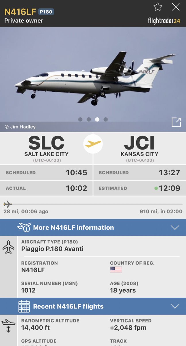 SLCScanner's tweet image. Spotted departing SLC this morning: Rare Piaggio P.180 Avanti N416LF (2008 build, serial 1012) heading to Kansas City area (JCI). World’s fastest turboprop (~400+ kts cruise), unique pusher props + canard design. Only ~250-260 ever built worldwide! ✈️ #Planespotting