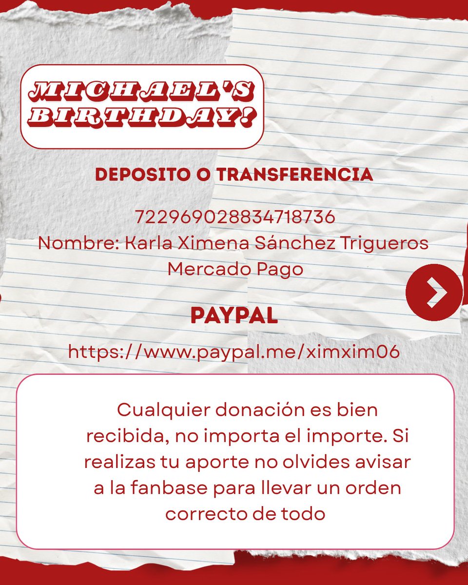 MichTopten_mx's tweet photo. Junto a @michaelkvs_mx abrimos oficialmente donaciones para poder mandarle un presente! Toda ayuda es bien recibida, no importa el monto, o si simplemente es compartiendo el post 💗✨
#michaelkvs #michaelkvsmx https://t.co/0ZYy5u1d9i