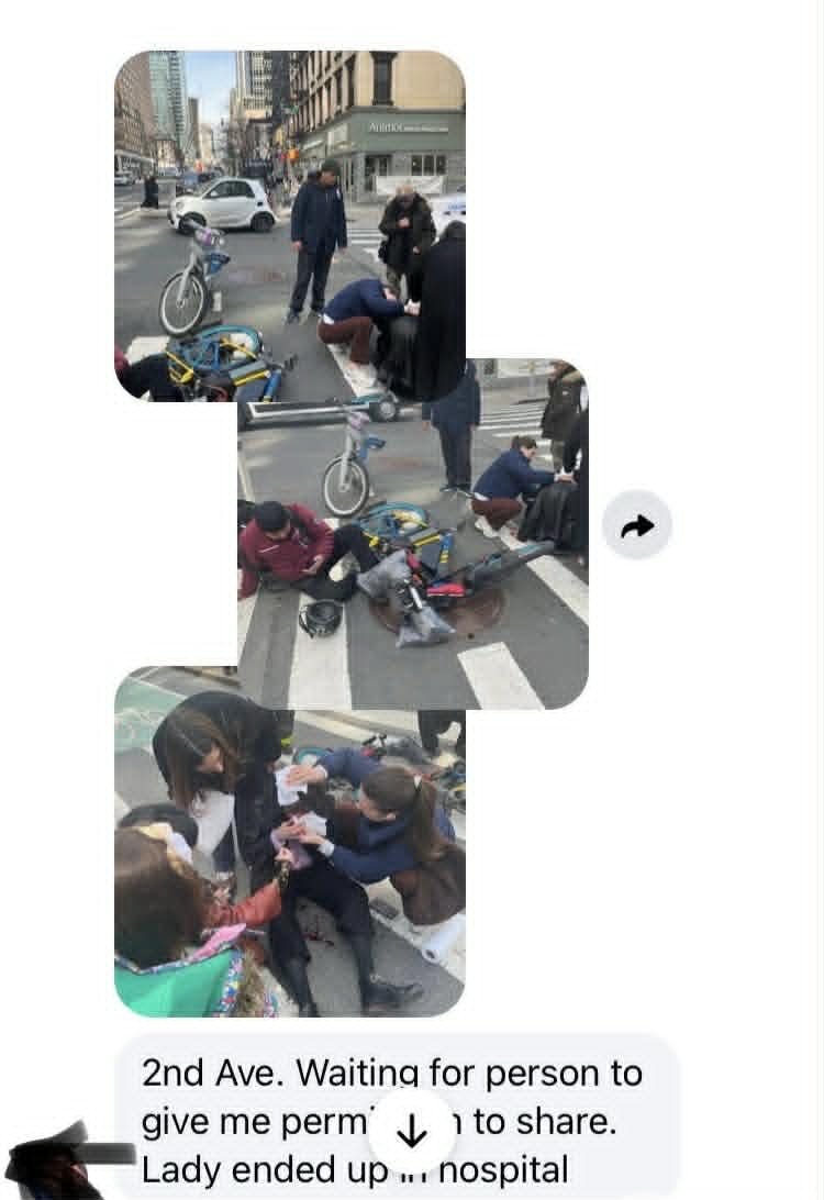 Shebbie4nyc's tweet photo. PRISCILLA‘S LAW IS NEEDED!!! 

Happened this morning on 2nd Ave. delivery worker collided with pedestrian, taken by ambulance don’t know if police were called.

Incidents like this happen every day.
Are the police called? No idea
Are these incidents added to the data - ???