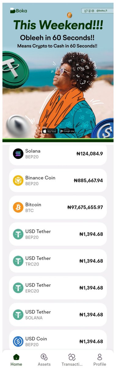 Boka_Fi's tweet photo. This Weekend!!! 🔥 
Obleeh sure for you when you trade with Boka app 😌

SOL, BTC, BNB, USDT & more to ₦aira instantly with Boka app 

Download now on Apple Store & Play Store 
https://t.co/JNQ0Ar27mJ

#Weekendvibes #BokaFi #BTC #Crypto #CryptoNigeria #CryptoToNaira #Web3 #DeFi #SOL #BnB