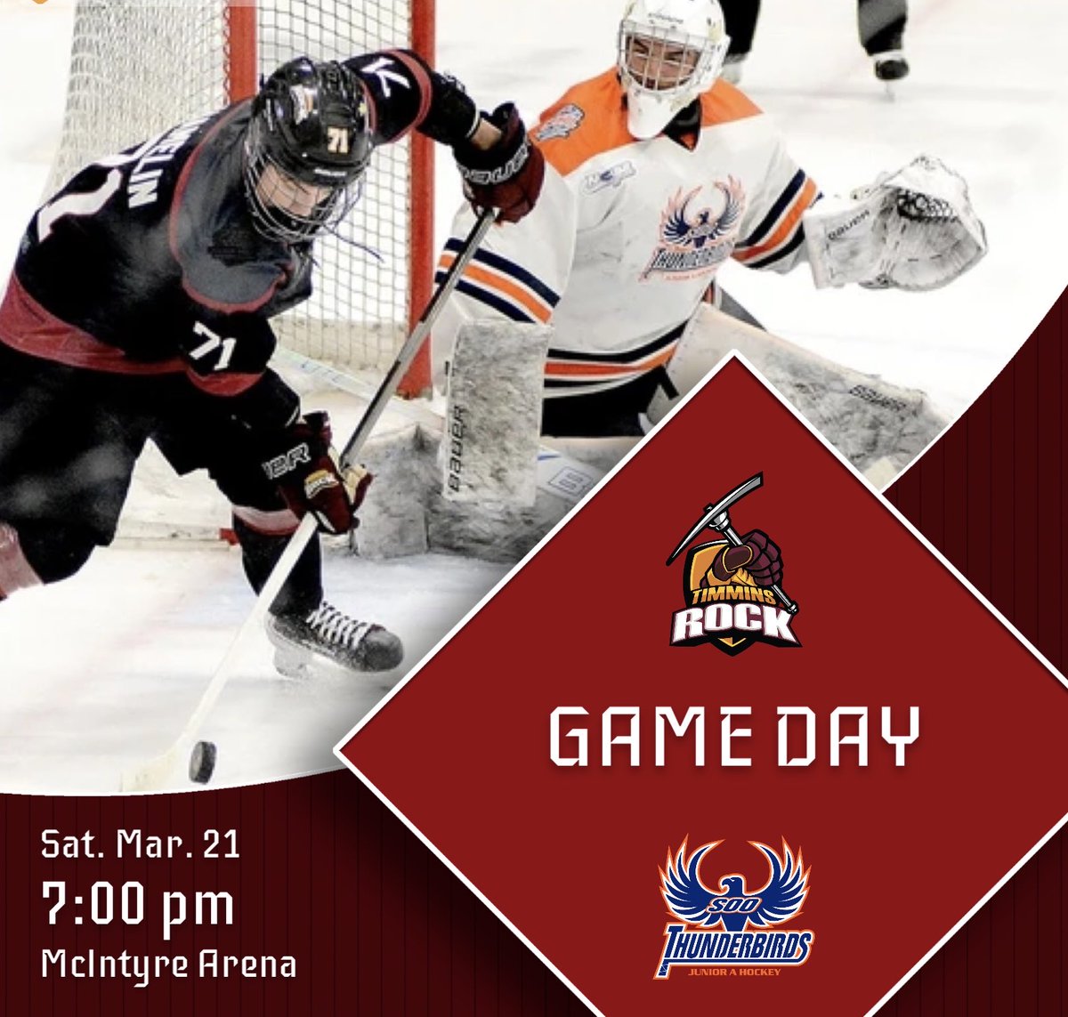 TimminsRock's tweet image. 📣 ITS PLAYOFF GAME DAY!🏠

Your Timmins Rock are back in action tonight as they host the Soo Thunderbirds in Game 2 of the #NOJHL Quarterfinals - puck drop is 7pm🏒

We need a packed house! Let’s go!

🎟️timminsrock.com/tickets
🎙️Andrew Autio &amp;amp; Jason Kelly
🖥️FloHockey
#PackTheMac