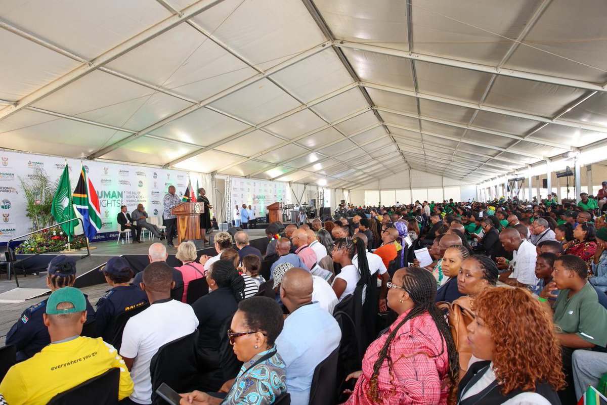 PresidencyZA's tweet image. 🇿🇦President Cyril Ramaphosa delivering the keynote address at the 2026 National Commemoration of #HumanRightsDay held at Ar Abass Stadium, Kimberley, Northern Cape Province.

The 2026 Human Rights Month is commemorated under the theme: “A Legacy of Courage: Protecting Rights,