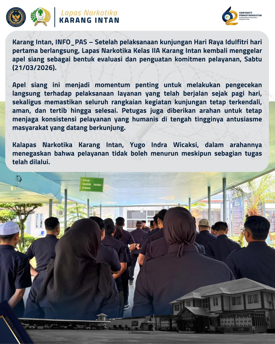 lpnkarangintan's tweet image. Apel Siang Hari Pertama Kunjungan Idulfitri, Penghubung Kesiapan Layanan dari Pagi hingga Sore

#kemenimipas
#imipasprima
#guardandguide
#infoimipas
#pemasyarakatan
#KanwilDitjenPasKalsel
#LapasNarkotikaKarangIntan
#TimHumasLPNKarangIntan✅
#Laskarin