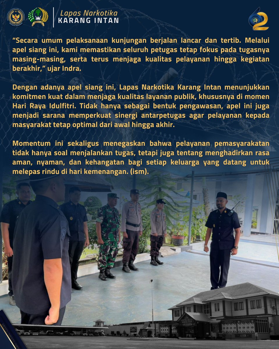 lpnkarangintan's tweet image. Apel Siang Hari Pertama Kunjungan Idulfitri, Penghubung Kesiapan Layanan dari Pagi hingga Sore

#kemenimipas
#imipasprima
#guardandguide
#infoimipas
#pemasyarakatan
#KanwilDitjenPasKalsel
#LapasNarkotikaKarangIntan
#TimHumasLPNKarangIntan✅
#Laskarin