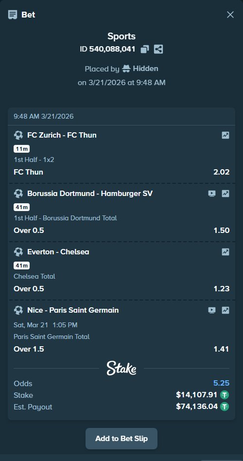 stakesportwhale's tweet image. 🚨 HIGH ROLLER ALERT!

🎯 a parlay
👤 Hidden
📊 Total Odds: 5.25
💰 $14,107.91 → $ 74,136.04

🔗 stake.com/sports/home?ii…

🐋 $100K+ bets stay off X. Don't miss them: t.me/stakesportwhal…

#GamblingX #Stake #HighRollers