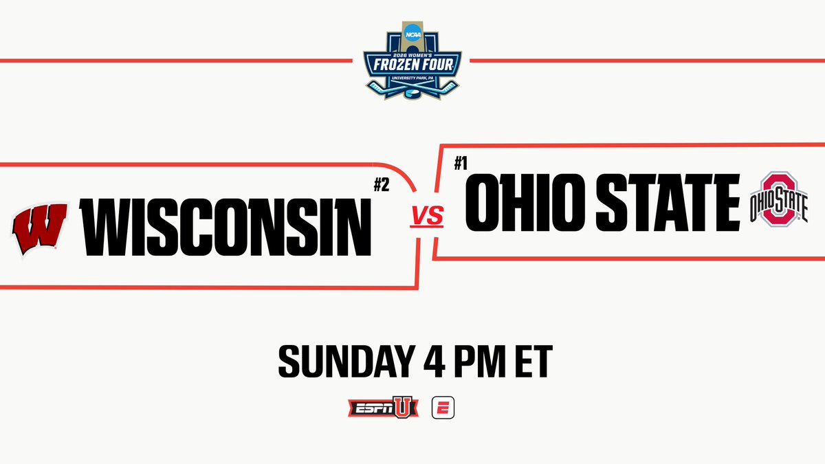 ESPNPR's tweet photo. Déjà vu - the stage is set🏆

Sun, catch a rematch of last year's title game

#NCAAHockey Women's Championship Game
🏒4p ET | No. 2 @BadgerWHockey-No. 1 @OhioStateWHKY | ESPNU
🎙️@Buccigross, @AJMleczko, @madison_packer_ 

Studio | @NatalieNoury, @AngelaRuggiero, @paigecapistran https://t.co/38JFyRQYOt