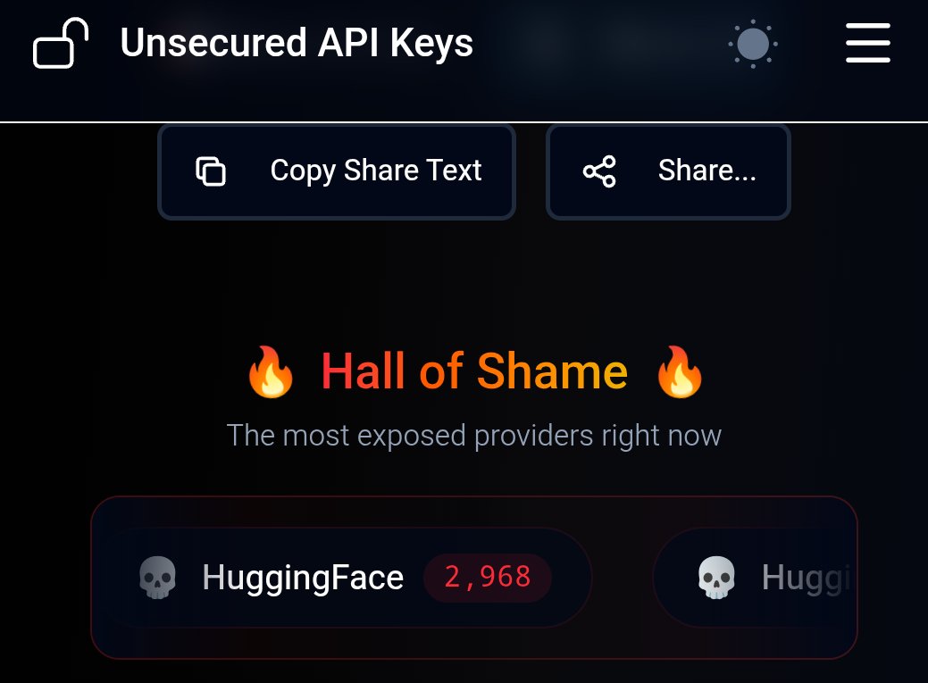 devXrithm's tweet photo. Hall of Shame 🫢 most exposed api from hugging face https://t.co/TvdBrLlzpA