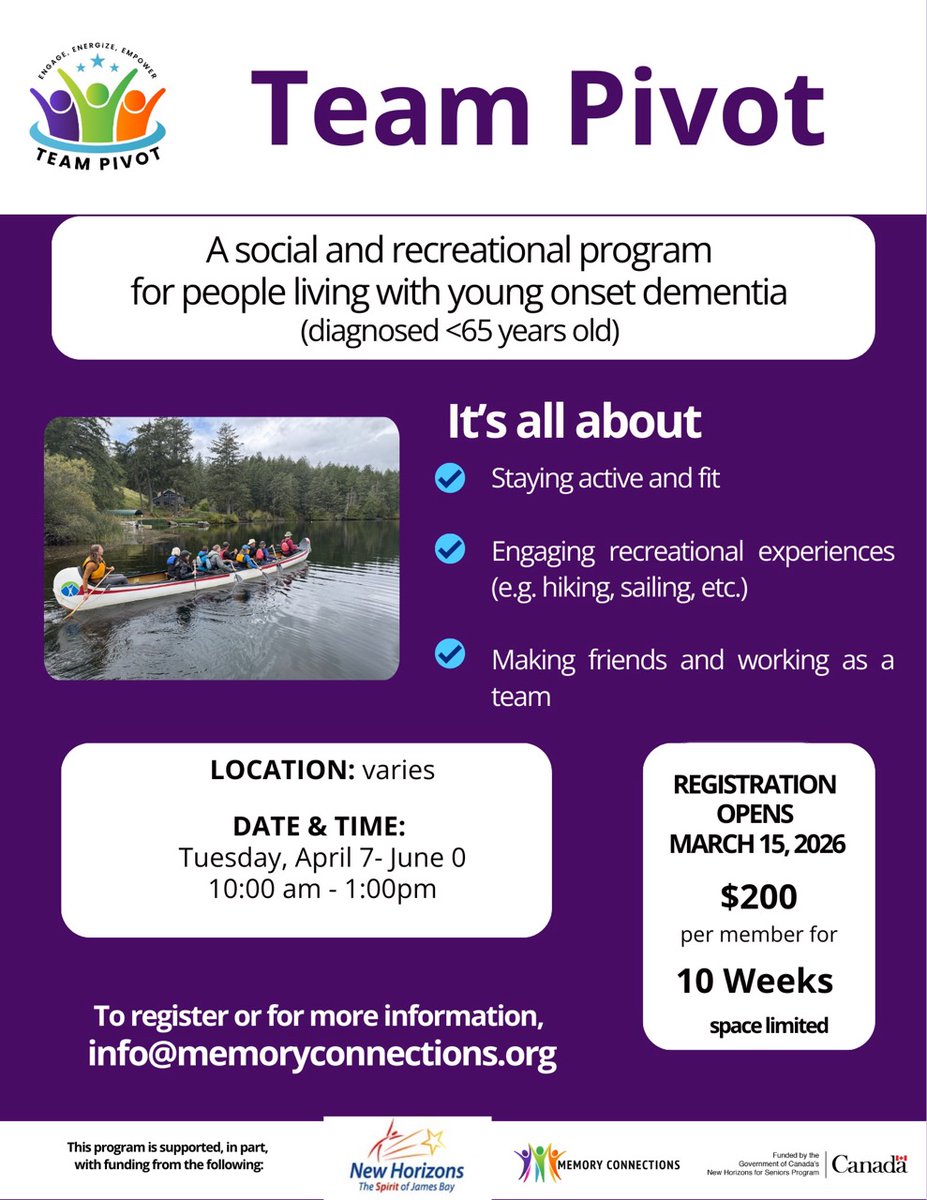 🟣 TEAM PIVOT — Spring 2026
FacebookRegistration is now open for Team Pivot Spring 2026 — a 10-week social and recreational program designed specifically for individuals living with young onset dementia (diagnosed under 65).
For those navigating this journey, staying connected,
