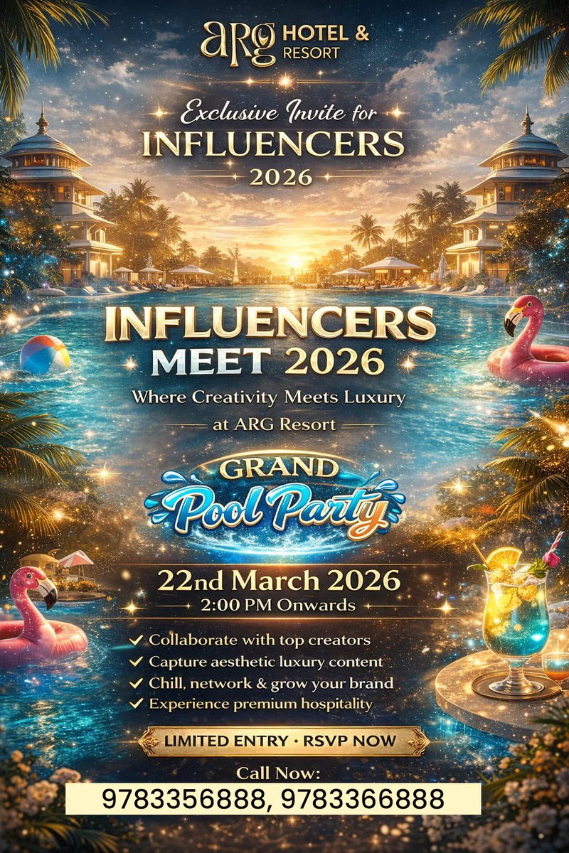 ArgResort's tweet photo. Where creators don’t just meet… they elevate ✨
ARG Resort presents the most exclusive Influencers Meet 2026 💫
Pool vibes, luxury feels &amp; powerful collaborations await 💼🌴
📍 22 March | 2 PM onwards
Limited entry – be the one inside, not outside 😉 https://t.co/uzV4yFnZpi