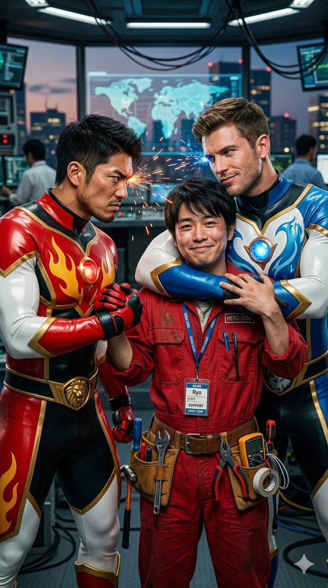 ghero_def's tweet image. 🐺「こんな短気なやつより俺とどうだ？」
🦁「ふざけんな！！誰が渡すか！！」

「あ、あのぉ、、大丈夫なんですか…？」

👷「えっ、あぁいつもの事なので…すぐ終わりますよ！…ほら笑」
・
・
👹「さっさと仕事に戻らんか！！！💢」

良くある展開ですね😚
#AIhero #gay #Superhero #マスクオフ