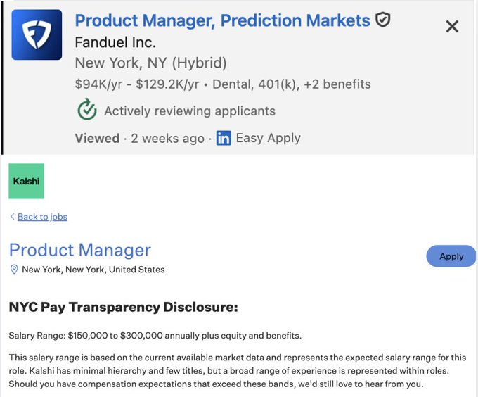 Kalshi e FanDuel pagando 100mil doláres iniciais pra contratar Product Manager