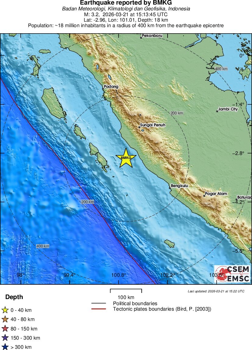 Gempa M3.2  21/3/2026 pukul 22.13 WIB.📍 -2.960 ; 101.010, 168 km WNW Bengkulu dan 109 km SSW Sungai Penuh, kedalaman 18 km✍🏻
Bmkg-EMSC