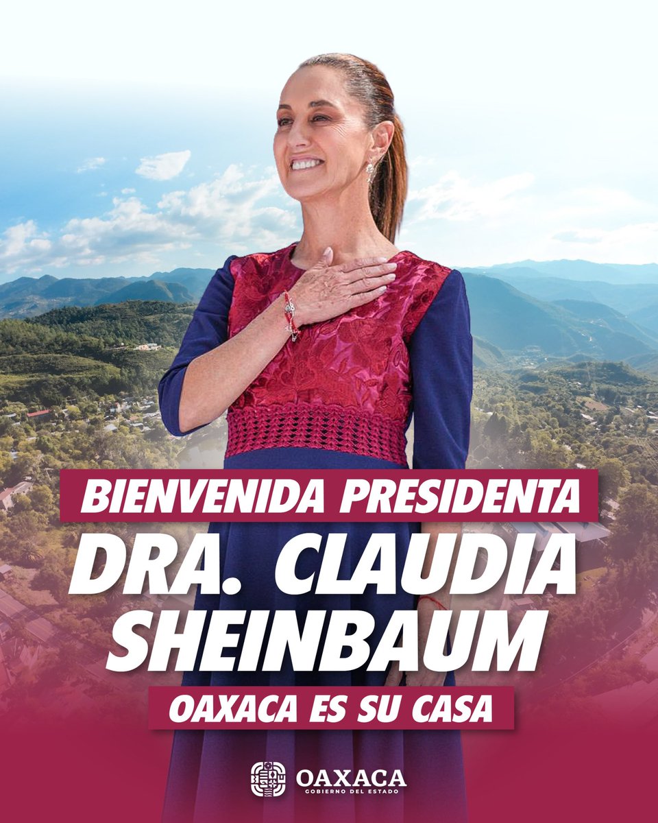 ¡Bienvenida a #Oaxaca, Presidenta <a href="/Claudiashein/">Claudia Sheinbaum Pardo</a>! 🙌🏽

Nuestra tierra la recibe con los brazos abiertos y el cariño de un pueblo que le agradece su compromiso con las familias oaxaqueñas. 🫂