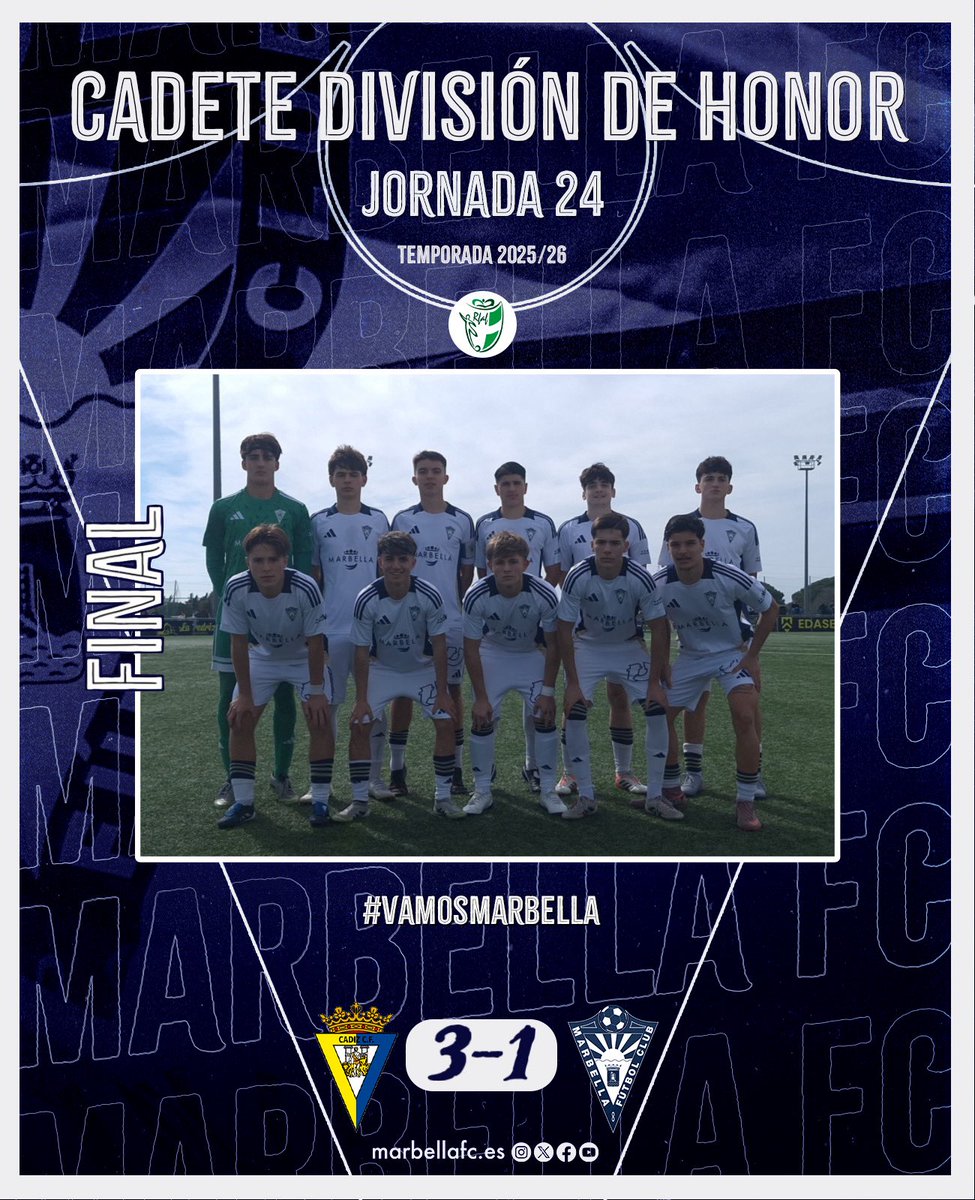 ℂ𝕒𝕕𝕖𝕥𝕖 𝔻𝕚𝕧𝕚𝕤𝕚𝕠́𝕟 𝕕𝕖 ℍ𝕠𝕟𝕠𝕣 ⚽️

▶️ Jornada 2️⃣4️⃣

3️⃣ Cádiz CF
1️⃣ Marbella FC

⚽️ Platero

#️⃣𝕍𝕒𝕞𝕠𝕤𝕄𝕒𝕣𝕓𝕖𝕝𝕝𝕒👊

⚪️ #MarbellaFCTalents