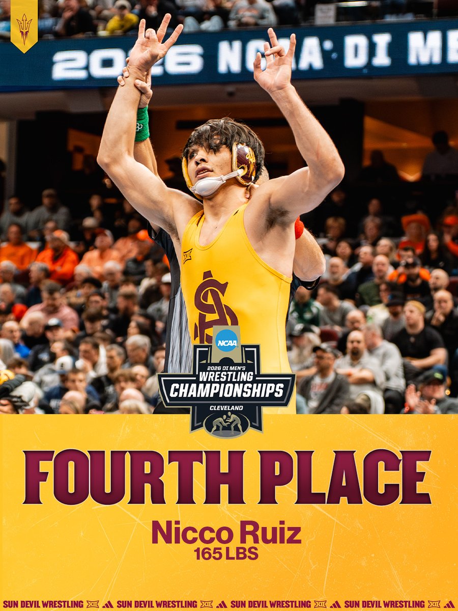 ASUWrestling's tweet photo. What a season for Nicco Ruiz.
🔱 28 wins
🔱 13 ranked wins
🔱 Big 12 Champion
🔱 All-American
🔱 Fourth-place at NCAA’s
#ForksUp /// #MadeForMarch https://t.co/RuICGHbjkE
