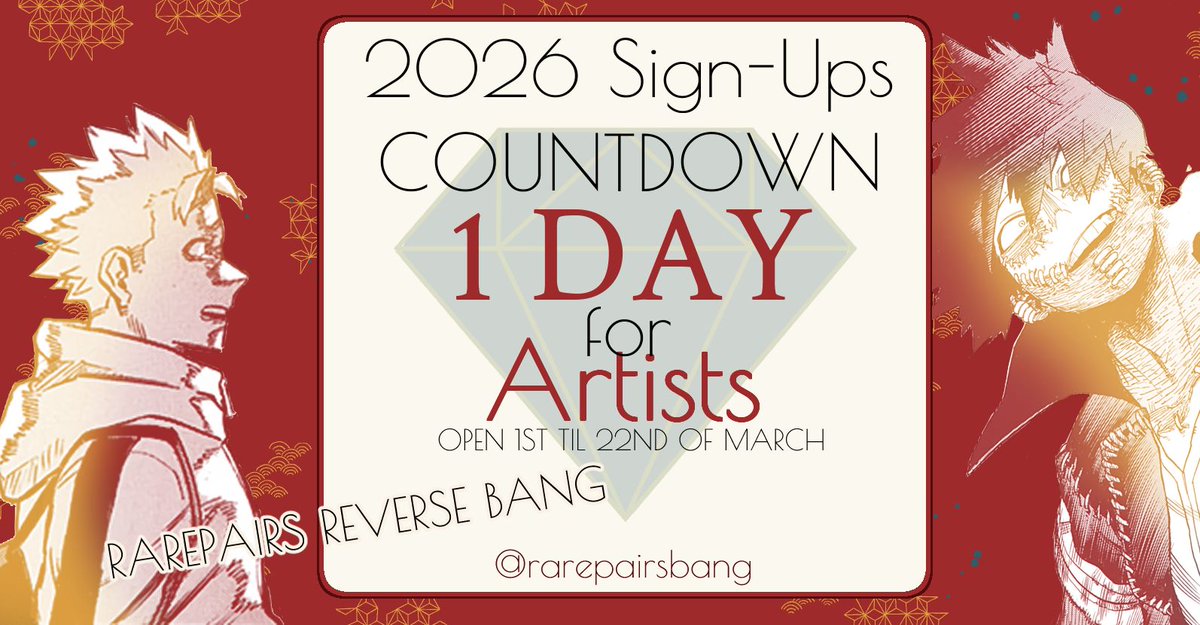 rarepairsbang's tweet photo. It's the final call!
Artist signups for Rarest of Them All close tomorrow! Pick your ship and get your sketches ready. The rare pair bang is calling.
#bnhararepairsbang #eventpromo #bnha #mha #fandomevents #fanevents https://t.co/ytdcvE3LaX