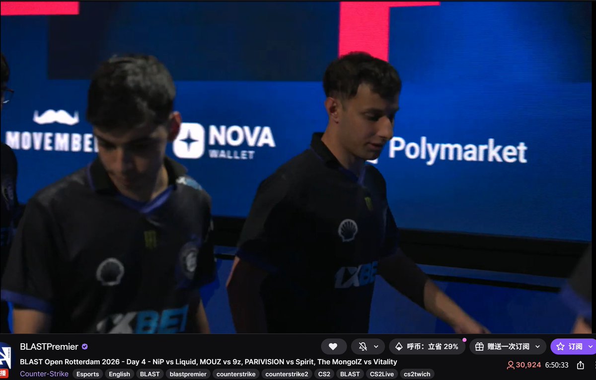 今晚看比赛才发现 Polymarket <a href="/Polymarket/">Polymarket</a> 原来和 Blast <a href="/BLASTPremier/">BLAST Premier 💥</a> 合作了。

看了一下，参与资金有 $1.27M。小盘似乎还行。

今晚不熬夜看比赛了，等着明晚和兄弟们一起看 Tyloo 的比赛。

blast.tv/gaming/news/bl…