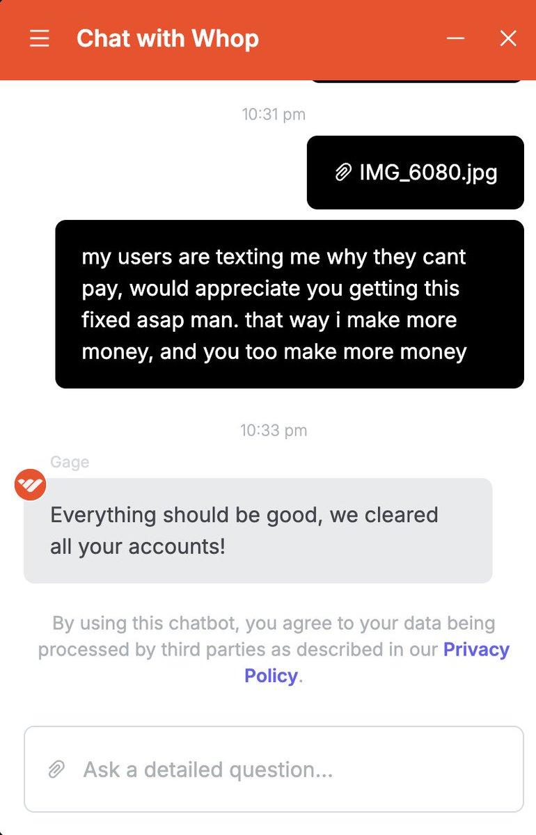 appreciate you <a href="/whop_support/">Whop Support</a> for getting this resolved in under 30 mins

thanks a lot