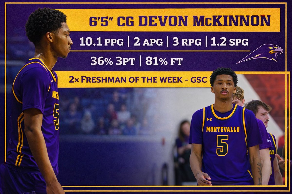 HawksEliteAAU's tweet photo. Fr. 6’5 CG Devon Mckinnon (@devonmckinnon_5) had a really big freshman year at the Montevallo in the GSC. One of the best freshman in the conference. 

10p-3r-2a 
36% from 3
81% from FT

3 years of eligibility. 

Contact me for more information! https://t.co/2ctpNThlzw