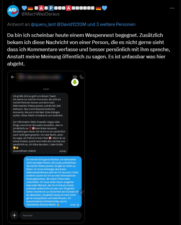 FredericusRex7's tweet photo. ⚠️⚠️Erst andere ohne handfeste Beweise diffamieren, dann gut gemeinte Ratschläge als Bedrohung empfinden und sich im Anschluss darüber beklagen. 
Zuzüglich auch noch private Nachrichten öffentlich Posten. Da ist ende!  Daher eine klare Blockempfehlung für 
@MachWasDaraus  ! https://t.co/jhLUNiIrMp