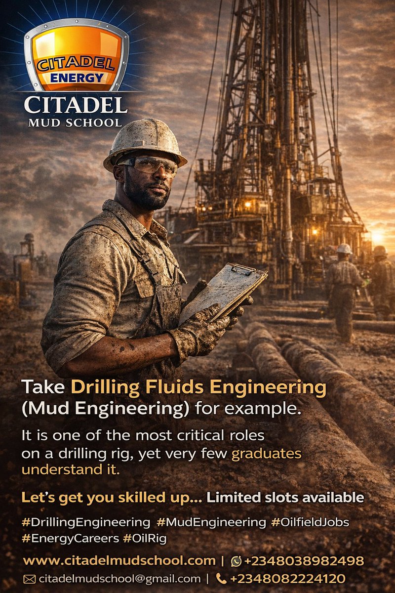 citadelmudsch's tweet photo. Take Drilling Fluids Engineering (Mud Engineering) for example.
It is one of the most critical roles on a drilling rig, yet very few graduates understand it.
#DrillingEngineering #MudEngineering #OilfieldJobs #EnergyCareers #OilRig https://t.co/HjucF6qHOP