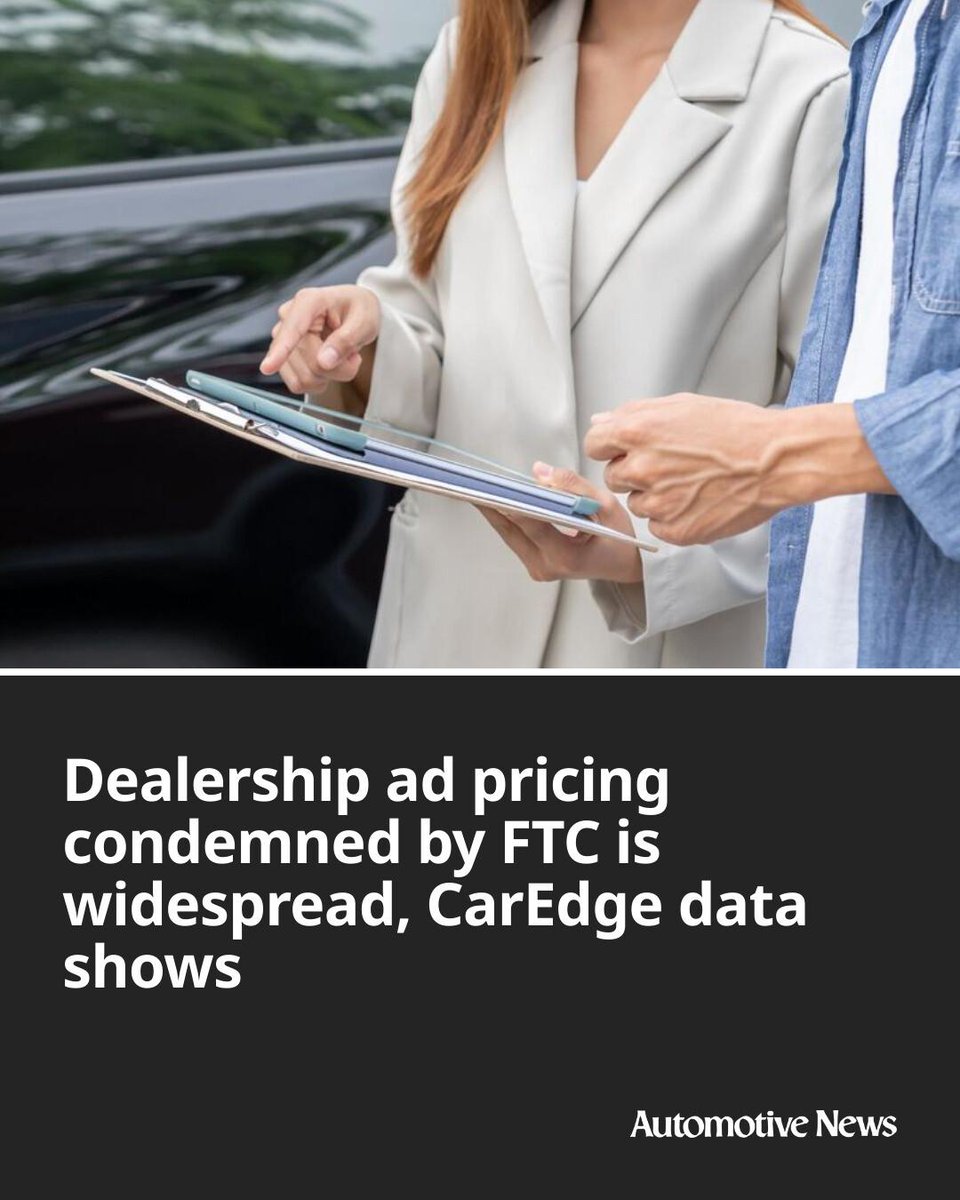 Automotive_News's tweet photo. New CarEdge data reveals the average vehicle is listed in dealership ads for at least 7 percent less than the actual out-the-door price — the kind of behavior the Federal Trade Commission just called illegal.

#FTC #CarEdge #automotive #autoindustry #autoretail https://t.co/lXuMyaykIK
