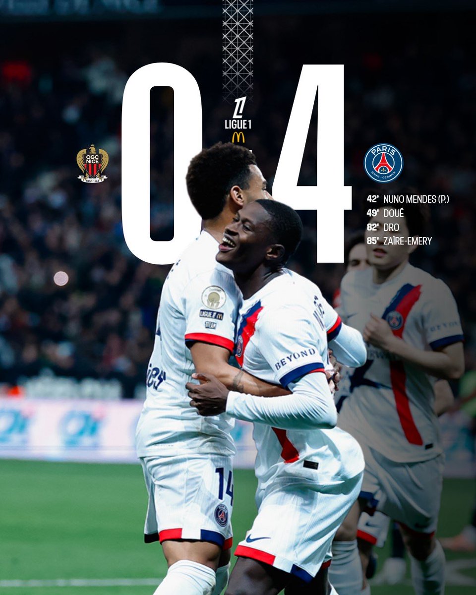 ⌛️ Huge win in Nice!
4⃣ goalscorers and the first Parisian goal from Dro Fernández.

🔴 THIS IS PARIS 🔵

#OGCNPSG I <a href="/Ligue1_ENG/">Ligue 1 English</a>