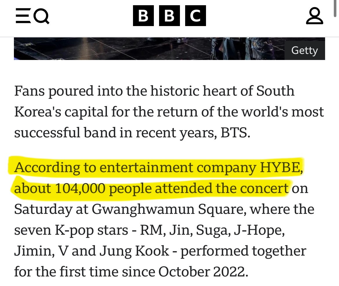 They got fucking CNN, BBC, Rolling Stones, PopBase, Pop Core, and About Music to straight up LIE despite the Seoul Metropolitan stating it was around 40k 😭. Even Hybe themselves initially (falsely) claimed that 104k people attended so where is 250k now coming from??? 😭😭😭