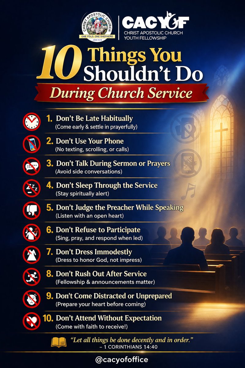 cacyofoffice's tweet photo. Are you truly worshipping… or just attending? 👀

Church is not just a routine—it’s a divine appointment. What you do during service matters more than you think.

📌 Read through and check yourself:
Are you making the most of every service?

#CACYouth #ChurchService #ShareWidely https://t.co/zimy1Zc2Zx