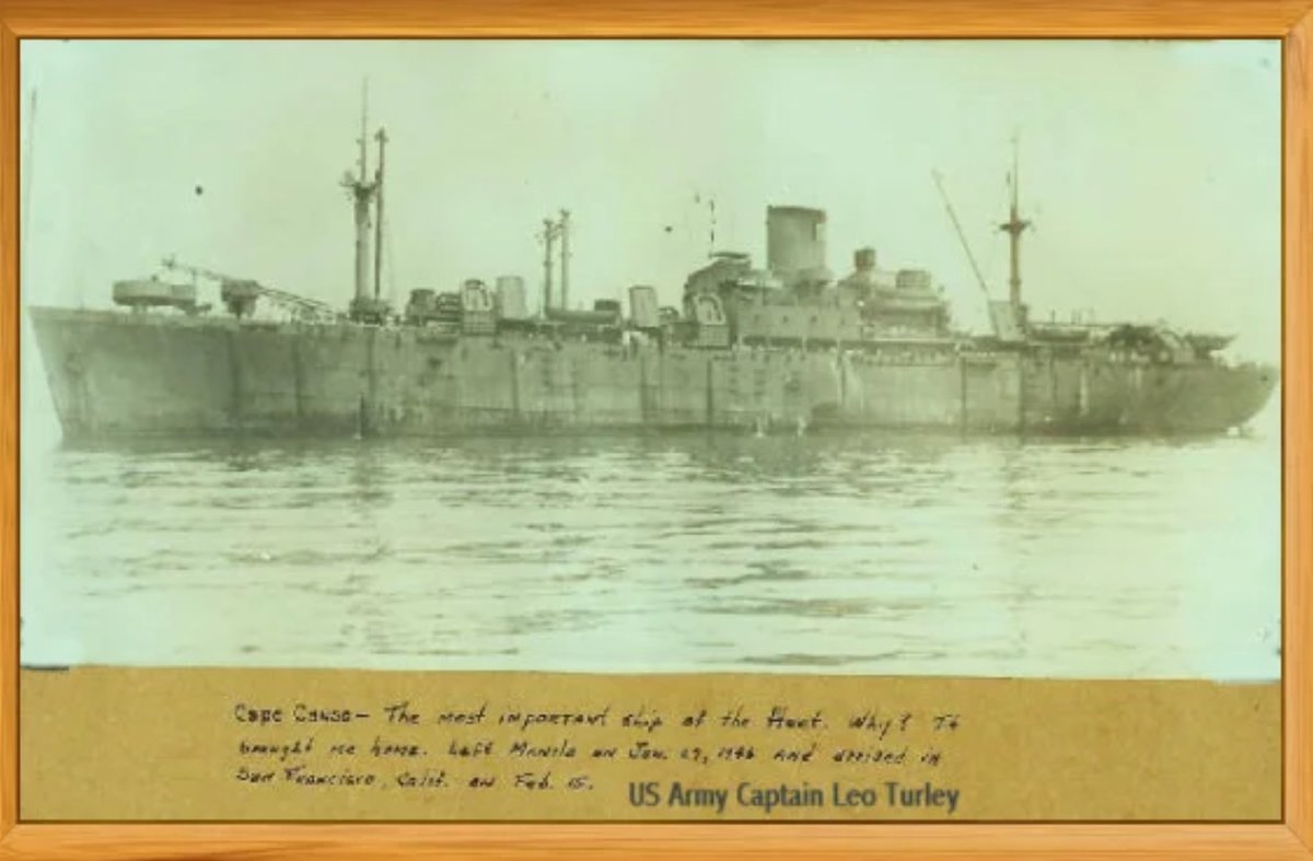 USMMWWII's tweet photo. CAPE CANSO -“The most important ship of the fleet. Why? It brought me home. Left Manila on Jan 19, 1946 and arrived in San Francisco Calif on Feb 15.”- US Army Captain Leo Turley #troopship https://t.co/qF4ecRABJg